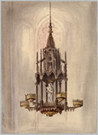 37006 Afbeelding van een loden gotische lichtkroon met een beeld van Maria met kind, afkomstig uit een van de ...